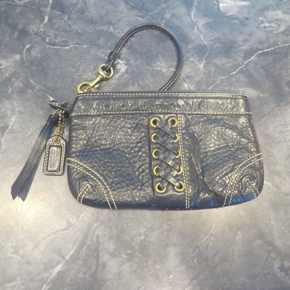Coach Black Leather Wristlet with Brass Grommet Lace-Up Detail – Gently Used (B1